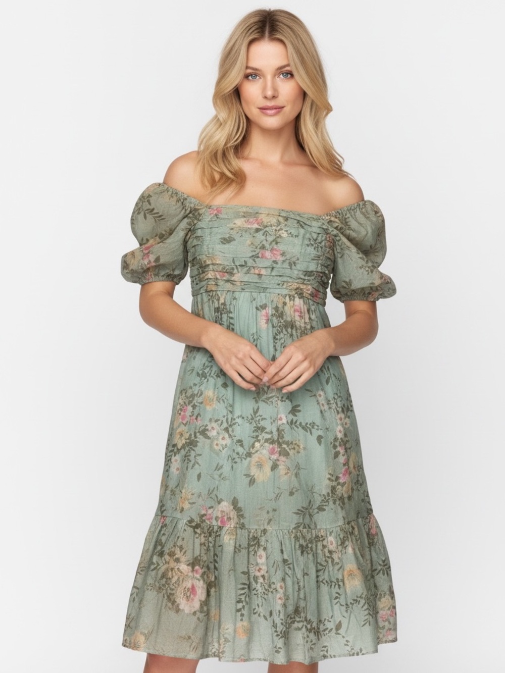 By The River Sage Floral Puff Sleeve Ruched Midi Dress Size S (Fits M/L Too!)